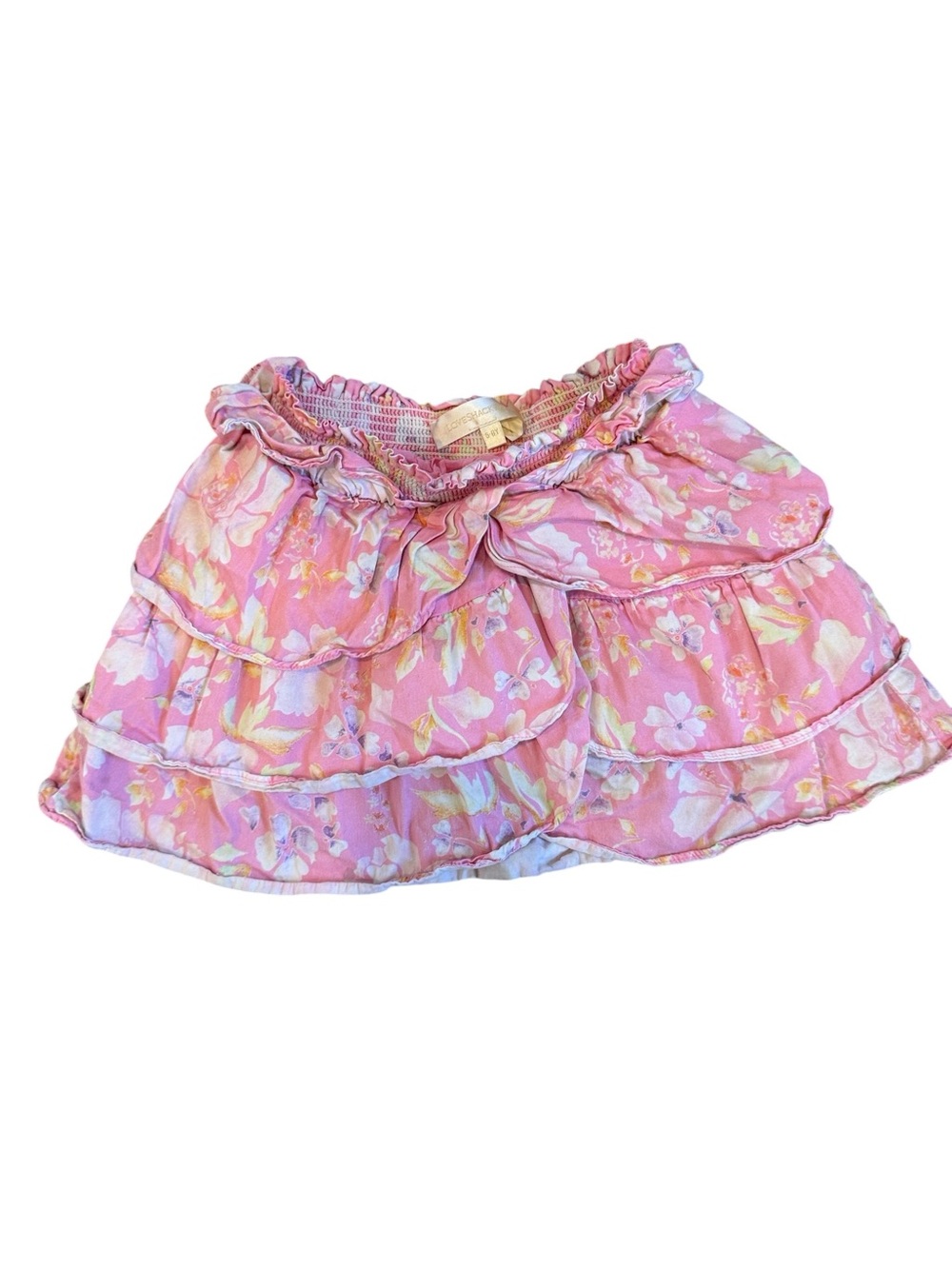 Love Shack Fancy Pink Floral Tiered Skirt